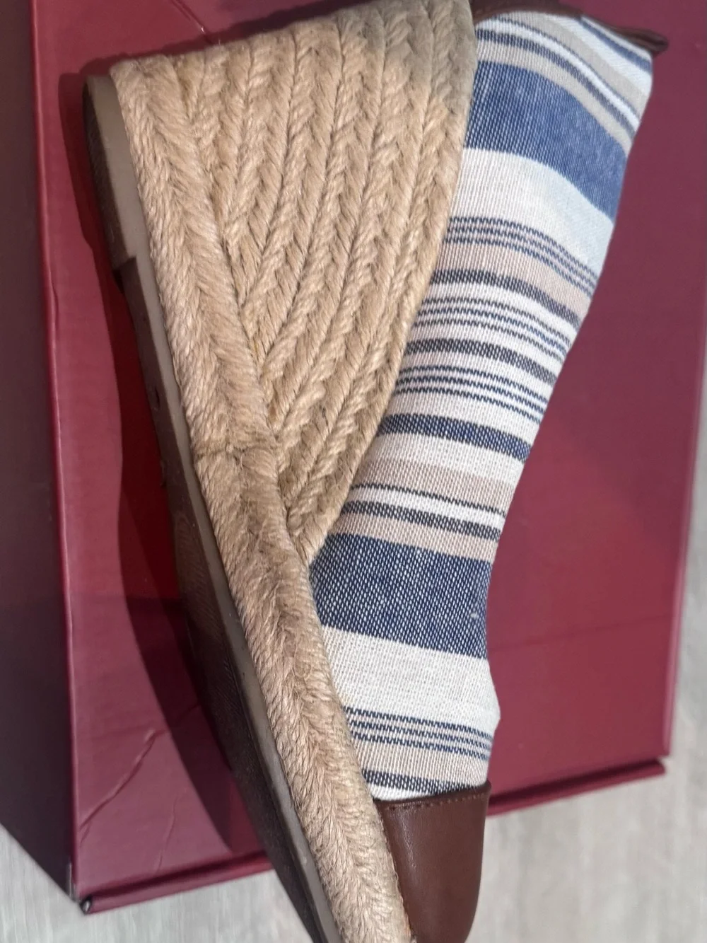 G.H. Bass & Co. Blue and White Striped Espadrille Wedge with Brown Cap Toe